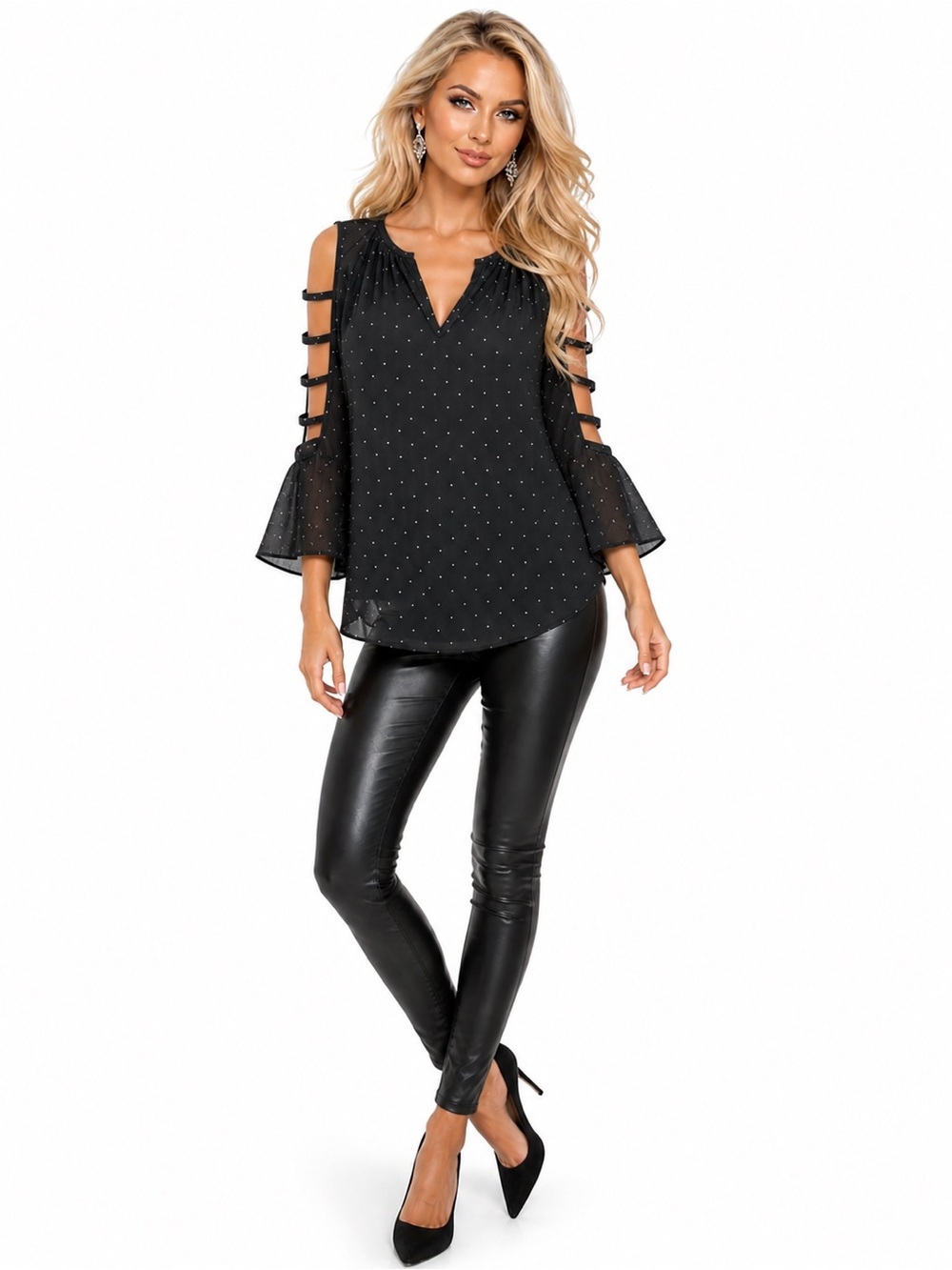Jennifer Lopez Black Polka Dot Cold Shoulder Bell Sleeve Blouse M